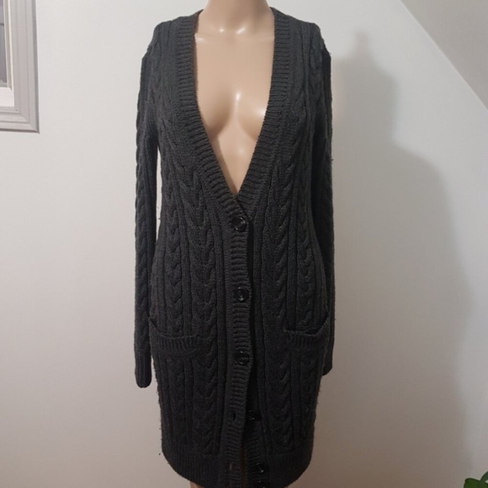 Club Monaco 100% Wool Chunky Knit Button Front Cardigan Charcoal Grey Sz XS